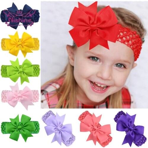 Nishine 27 Colors 8 CM Grosgrain Ribbon Bowknot Baby Girls Headband Fashion Handmade Knitted Elastic Wide Hairband Photo Props