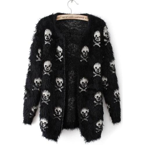 New Ladies Mohair Print Skull Knit Sweater Women Jacket Cardigan Short Outerwear