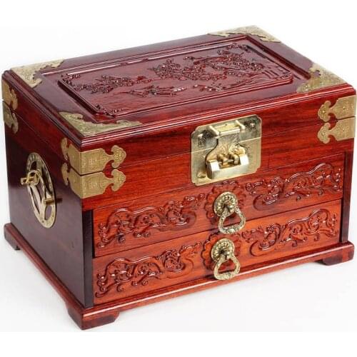 Christmas Birthday Unique gift BEST present retro Antique Imitation TOP red wood Hand carving gilding Jewelry Box cosmetic box