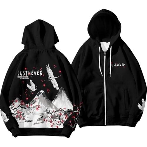 Spring Mens Hoodie Black Crane Print Sweatshirts Male Fashion Long Sleeve Hoodies & Sportswear Zipper Jackets