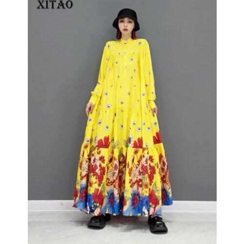 XITAO Vintage Print Dress Contrast Color Fold Splicing Casual Loose Fashion Stand Collar Shirt Dress 2021 Autumn New WMD3398