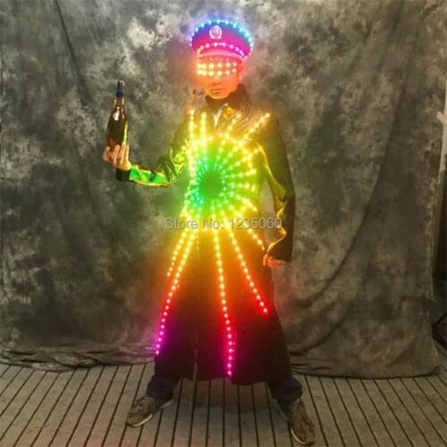 Colorful led light costumes robot men suit luminous lighted jacket bar led dress clothe disco coat glowing outfits glasses