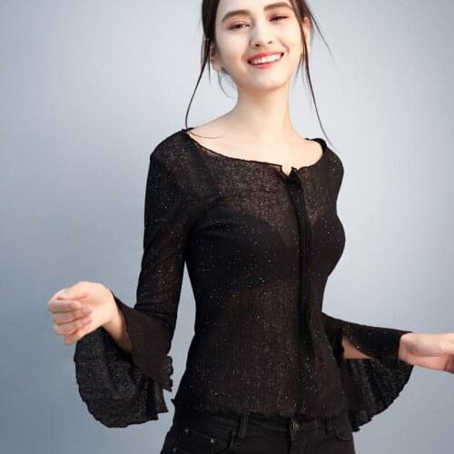 Girls Ballroom Blouse Female Autumn Trumpet Sleeves Dancing Shirt Lady Latin Dance Wear Long Sleeve O Neck Sexy Dance Wear D0662