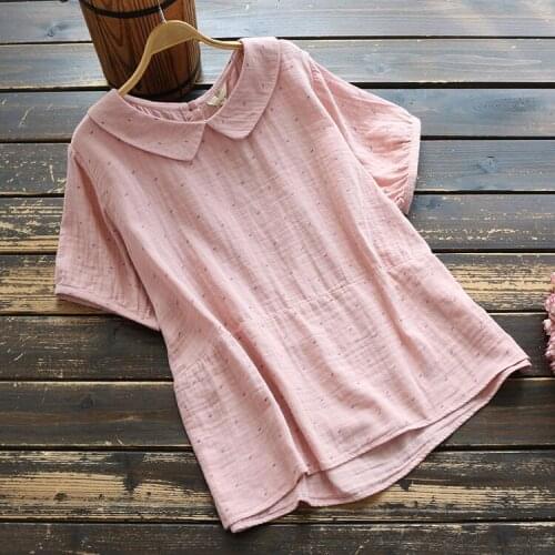 7788 New Summer Women Blouse Japan Style Loose Peter Pan Collar Short Sleeve Tops Casual Pullover Shirts Women