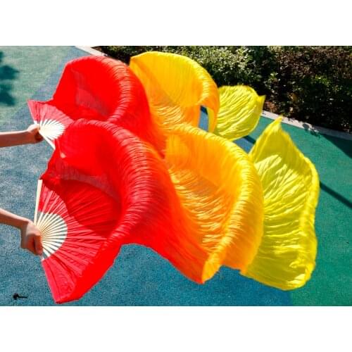 Hits High Selling Women Quality Silk Belly Dance Fan Dance 100% Real Silk Veils 1 Pair 180*90 CM Red+Orange+Yellow