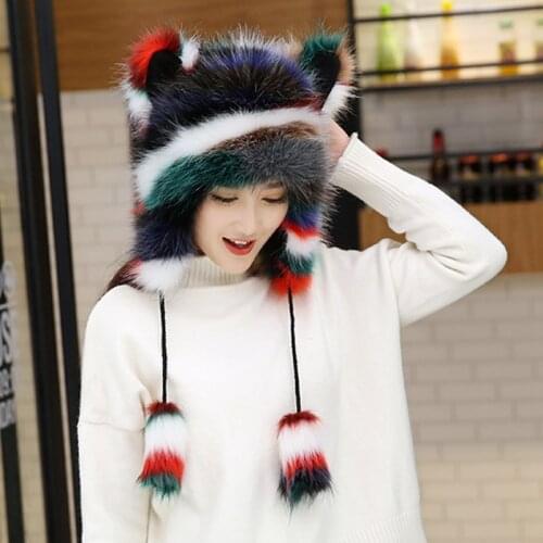 Women Winter Plush Velvet Thickening Fur Hat Cute Cat Ears Warm Cartoon Fox Pompom Fur Hats Soft Warm Fashion Girls Beanies