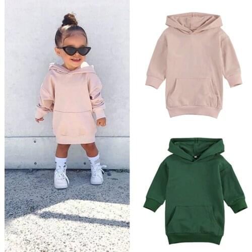 FOCUSNORM Autumn Fashion Kids Girls Hoodies Dress Outfits 1-5Y Solid Long Sleeve Pullover Pocket Long Length Straight Dress