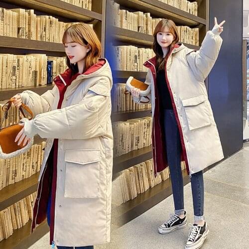 Winter New Tooling Quilted Cotton Cloth Woman Cotton Dress Loose Medium-Length over-the-Knee Thick Fried Street Coat