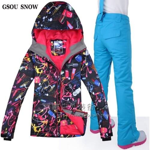 Gsou Snow New Womens Ski Suit Snowboard Suit Jacket and Pant Waterproof Windproof Ski Coat and Trousers for Women
