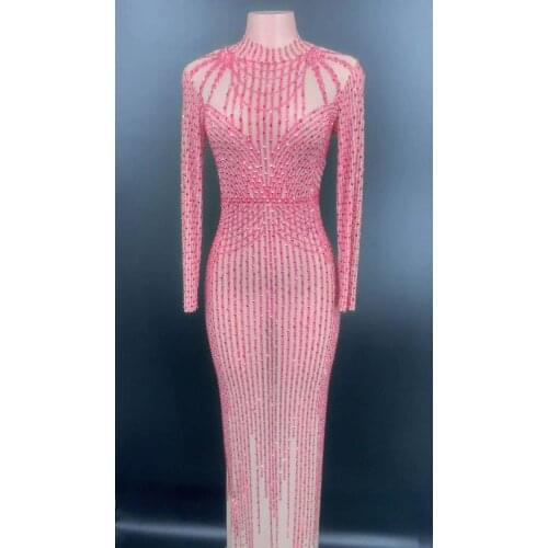 2020 Women Fashion Mesh Perspective Dress Long Sleeve Hot Drilling Dress Ladies Party Club Slit Maxi Long Dress