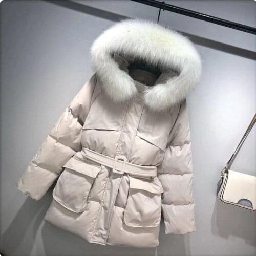 2021 Winter Mid-length Big Real Fur Collar Down Padded Jacket Women High Waist Hooded Padded Light Coat