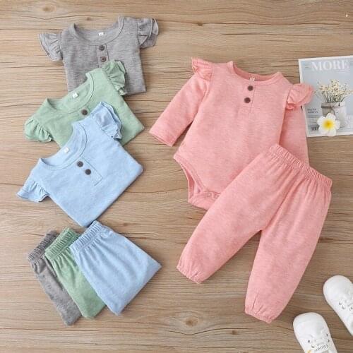 Cotton Kids Girls Clothes Outfits 2 Pcs Set Solid Long Flying Sleeve T-shirt Tops+trousers Comfortable Baby Girl Clothes 0-18M