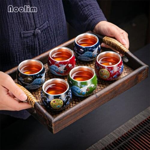 Ceramic 999 Sterling Gilt Silver Enamel Color Teacup Kung Fu Tea Set Handmade Drinking Cup Water Mug Chinese Drinkware 95ML