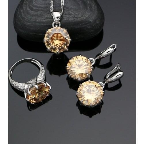Champagne Cubic Zirconia 925 Sterling Silver Jewelry Sets For Women Party Silver Accessories Earrings Ring Pendant Necklace Set