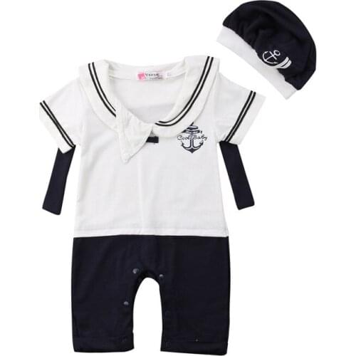 2pcs Toddler Kids Baby Boy Fashion Playsuit + Hat Outfit Captain Clothes Set Baby Bodysuit Clothes Cotton Summer New 2019