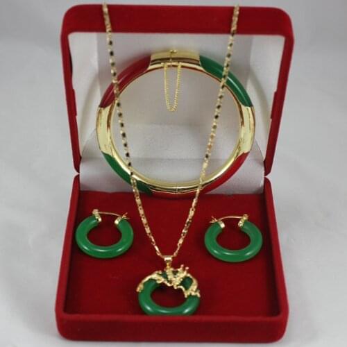 Prett Lovely Womens Wedding elegant 7.5" green and red gem bracelet, green GEM earings and dragon pendant fashion jewel