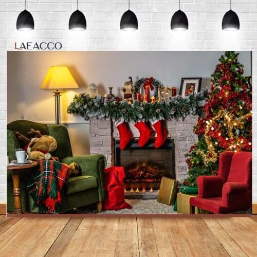 Laeacco Interior Christmas Fireplace Stockings Toys Sofa Room Decor Backgrounds Baby Portrait Customized Photography Backdrops