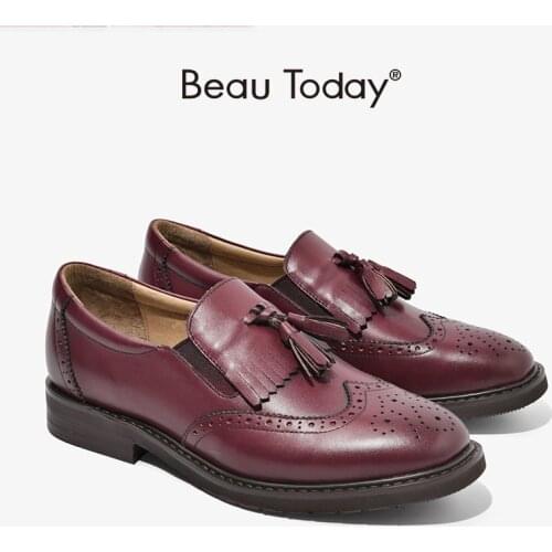 Loafers Women Genuine Calfskin Leather Fringes Brogue Round Toe Slip On Ladies Casual Dress Flats Handmade BeauToday 21047