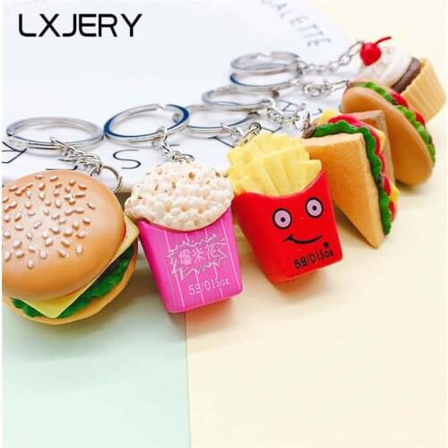 LXJERY 6 Styles Simulated Food Sandwich Hamburger Keychain PVC Key chain For Women Bag Charm Key Ring Pendant Gifts Jewelry
