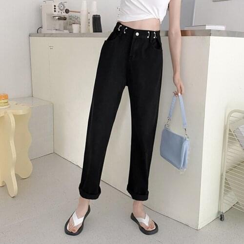 Trendy New Women Retro Adjustable Waist Washed Long Denim Pants Casual Female Wide Leg Straight Solid Color Ladies Jeans