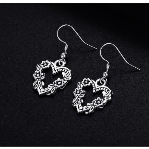 Trendy Vintage Heart Shape Dangle Antique Silver Plated Earrings for Women Girl Retro Drop Earrings Cute Earring Jewelry Bijoux