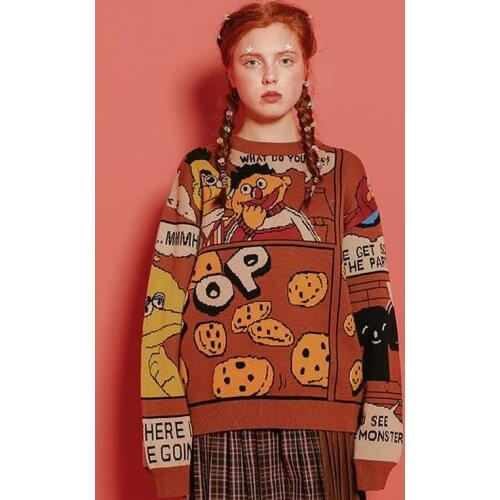Fashion Women Winter Warm Thick Sweater Original Design Brown Sesame Street Letters Brown Ladies Warm Sweaters Knitwear Jumper