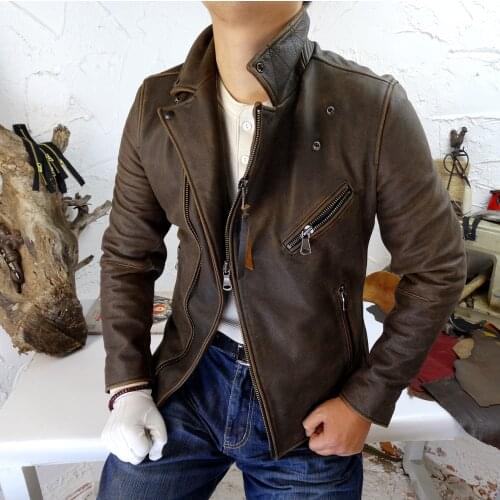 Tea Core Cowhide American Luxury Heavy Industry Pure Hand-Made Old American Retro Mens Dark Brown Genuine Leather Jacket