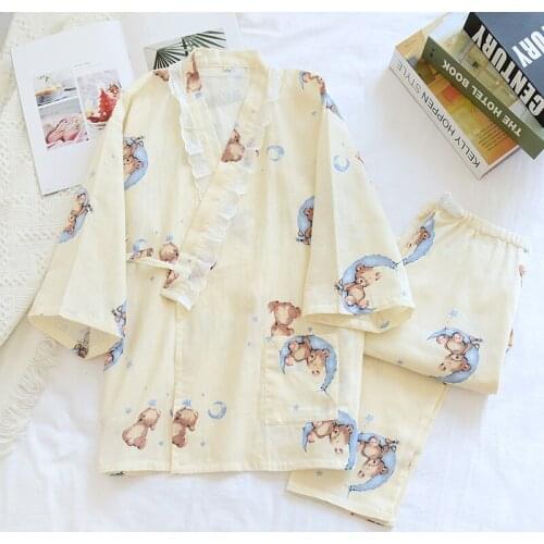 New Baby Bear Cotton Gauze Kimono Confinement Suit Thin Postpartum Pajamas for Pregnant Women Breastfeeding and Nursing Homewear