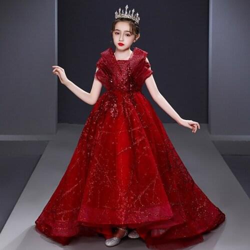 Flower Girl Dresses Princess Luxury Burgundy Sleeveless Sequined Strapless Boat Neck Tulle Lace Ball Gown Kids Party Skirt H039
