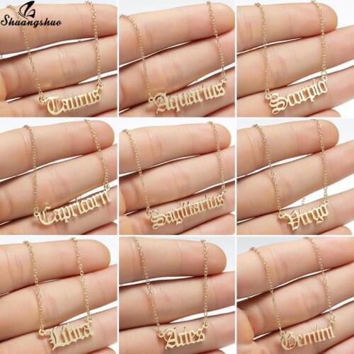 Shuangshuo Gothic Constellation Pendant Necklace Zodiac Leo Necklace Women Charm Choker Old English Birthday Gift BFF Jewelry