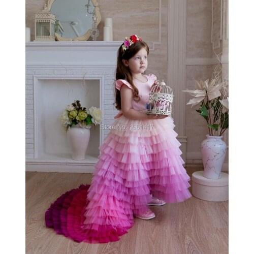 A-Line Customized Flower Girl Dresses Tiered Puffy Tulle Pink Top Girls Pageant Party Dress Birthday Gowns