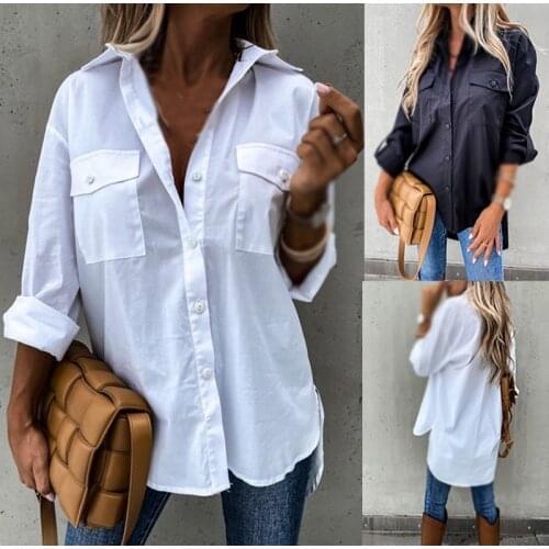 Ladies Casual Solid Color Blouse Irregular Loose Long Sleeve Lapel Shirt Top Poleras Mujer Vetement Femme Blusas Mujer De Moda