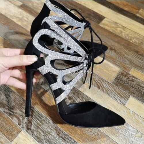 Lady New Bling Butterfly Design Sandals Shoes Women Lace-up Stiletto Heel Fashion Pumps Shoes Sexy Real Photos Banquet Heels