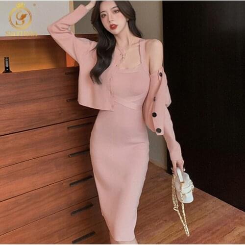 SMTHMA Elegant Women Knitted Set Full Sleeve Pink Single Breasted Cardigans & Ladies Sexy Spaghetti Strap Sweater Dress Suit
