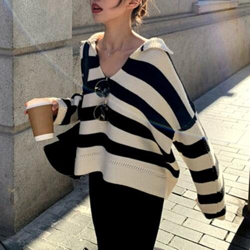 New 2020 Autumn Winter Women Sweater Polo Collar Pullovers Knitted Striped Korean Elegant Wild Ladies Jumpers