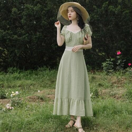 Dresses for Women 2021 French Lace V-neck Palace Retro Vestidos Summer Puff Sleeve Polka Dot Gentle Fairy Dress