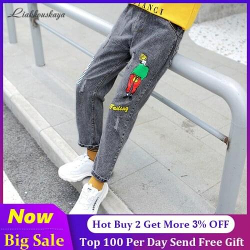 110-160cm Spring Kids Jeans Girl Solid Ripped Jeans For Girls Fashion Bow Girls Jeans Teen Pants Casual Girls Clothes