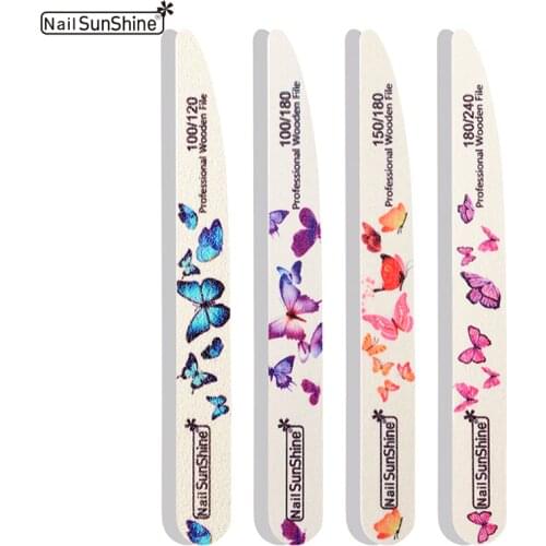 16 Pcs Wooden Nail Files Strong Thick Wood Nail File 100/180/240 Smooth lines Butterfuly Design White Sanding Professional Tools