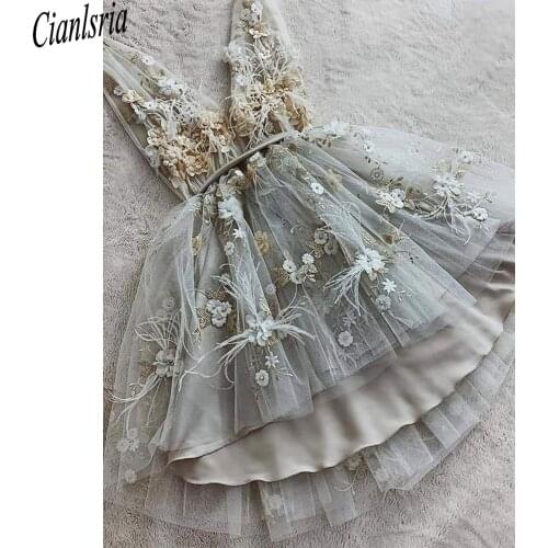 2021 Short Gray Lace Formal Graduation Homecoming Dresses Cute V Neck Floral Short Gray Lace Prom Dresses