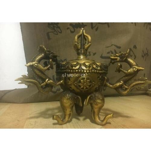 8'' tibetan copper carved vajra three dragon elephant incense burner statue