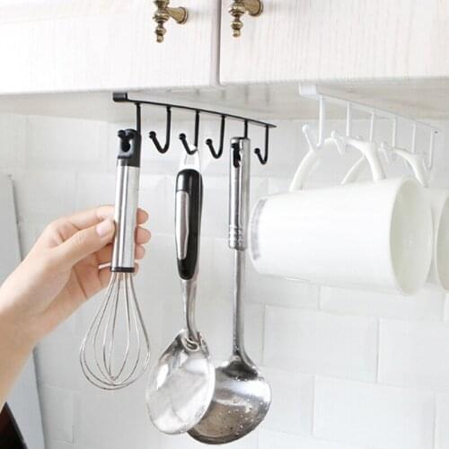 Seamless Kitchen Storage Rack Nail-free Hanging Wrought Iron Multi-purpose Wardrobe Punch-Free Organizer Holder with Six Hooks