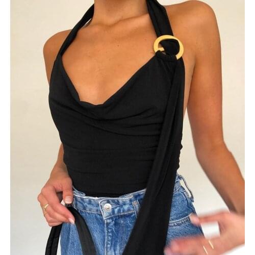 BKLD New Style Women Irregular Sexy Skinny Solid Color Bodysuit V-neck Sleeveless Halter Folds Off-shoulder Trendy Jumpsuit Tops
