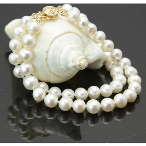 Free Shipping New 2 rows 7-8mm white freshwater cultured pearl bracelet 7.5"