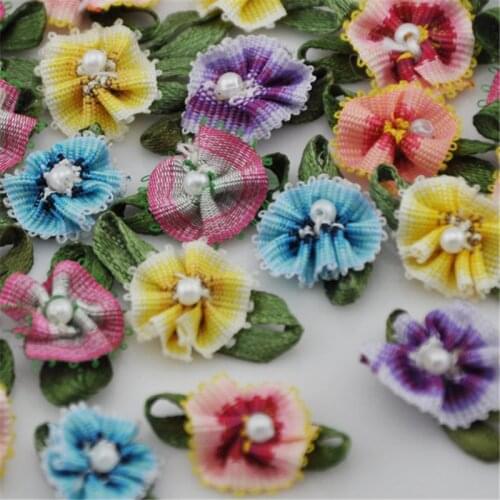 40 pcs Ribbon Flowers With Bead Sewing Appliques Craft DIY Wedding Decor B146