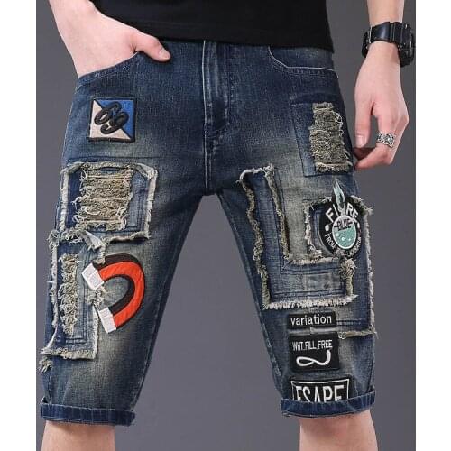 Summer tide brand denim shorts mens hole personality stitching scratch patch embroidery retro five-point pants short jeans