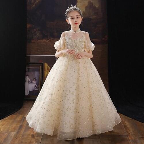 Elegant Champagne Teen Bridesmaid Dress for Girls Costume Lace Long Party Flower Wedding Dress First Communion Birthday Clothing