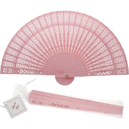 [ Fly Eagle ] 8" Pink wedding favors Chinese carved folding fragrance wood hand fans