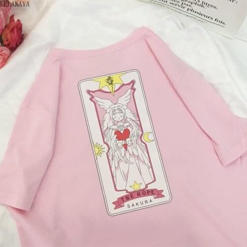 1pcs Japan Summer Harajuku Pink T Shirt Cartoon Print Action Figure Sakura Card Captor Cute Loose Tops Cotton Short Sleeved New