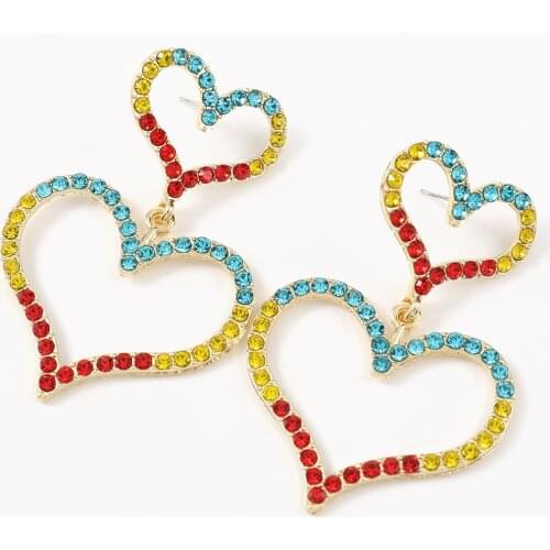 HYSECMAO Fashion Colorful Rhinestone Hollow Double Layer Drop Earrings for Women New Big Heart-shaped Earring Jewelry Wholesale