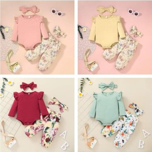 Baby Girl Clothes Set Long Sleeve Rompers+Pant Floral Print+Headband 3pcs Toddler Outfit 3-36M 2021 Fall New Born Clothing Pink